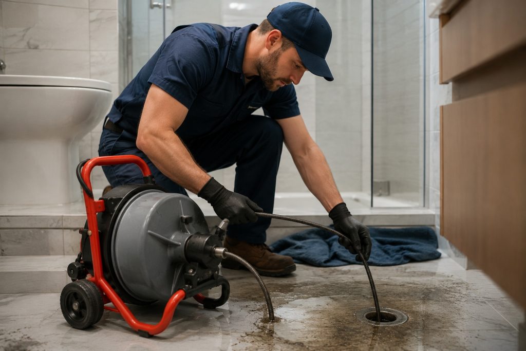Emergency Plumber Toronto clearing a blocked bathroom drain.
