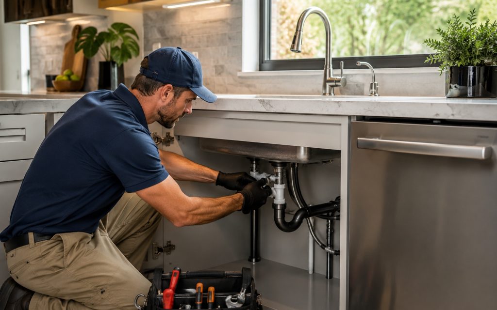Plumbing Services Toronto fixing a kitchen sink drain.