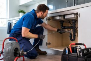 Emergency Plumbing technician clearing a clogged sink drain.